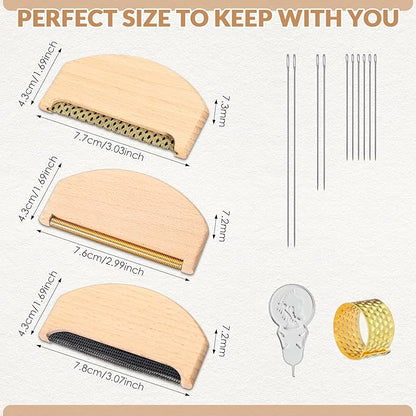 LemonRoad 3 Pcs Wooden Lint Comb Cashmere Comb 3 Styles Manual Fabric Shaver with Sewing Needles Complete Garment Repair kit for Different Fabrics Sweater Care