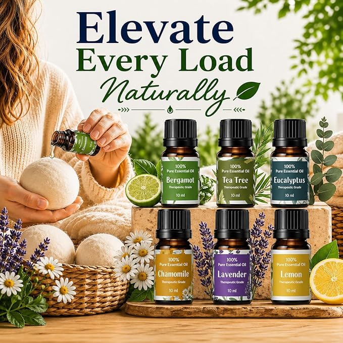 Essential Oils for Laundry, Dryer Balls & Diffusers | 60ml | 6 Pack of the Most Sought-After Scents for Aromatherapy, Lavender, Tea Tree, Eucalyptus, Bergamot, Lemon & Chamomile