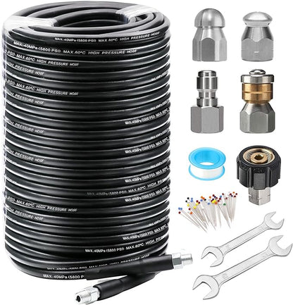 West Bay 200FT Sewer Jetter Kit for Pressure Washer, 5800PSI Drain Cleaner Hose 1/4 Inch NPT, Corner, Rotating and Button Nose Sewer Jetting Nozzle Waterproof Tape Pearl Corsage Pin with 2Pcs Spanner