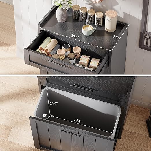 Jocoevol Pull Out Trash Can Cabinet, 2x13 Gallon Hidden Garbage Recycling Bin with Drawer, Freestanding Wooden Kitchen Trash can & Laundry Hamper Cabinet, Pet Proof Waste Bin for Living Room, Black