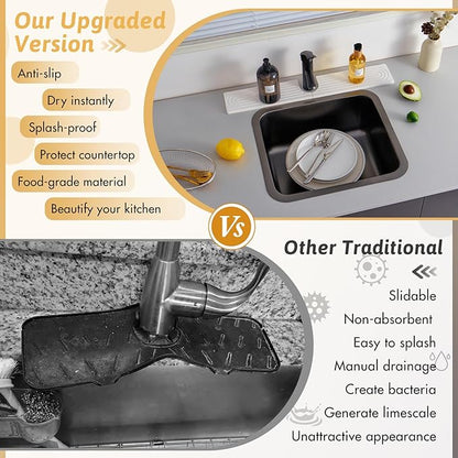 23.6" Faucet Mat for Kitchen Sink, Long Diatomite Fast Drying Stone Sink Tray, Super Absorbent, Prevents Moisture Buildup, Durable Protector for Kitchen Bathroom Counter, Gift for Housewarming, White