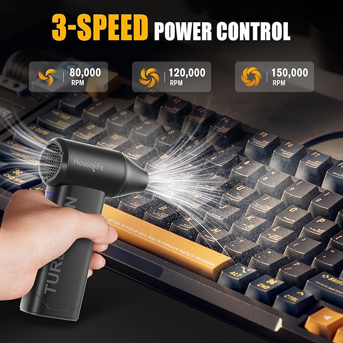 Houselife 150,000 RPM Magnetic Electric Air Duster - Brushless Compressed Air Duster, 3-Gear Adjustable, Rechargeable Mini Blower for PC, Keyboard, Car Drying & Detailing, Reusable Air Can Alternative