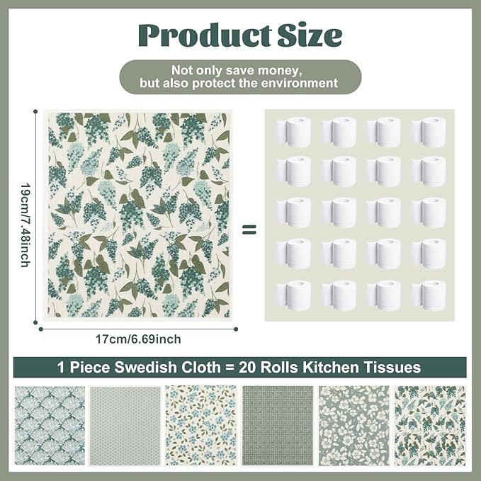 Green Swedish Dishcloths for Kitchen, 6 PCS Swedish Dish Cloths, 7.5 x 6.7 Inch Super Absorbent Washable Reusable Floral Cloths Dish Towel, No Odor Cellulose Sponge (Light-Green)