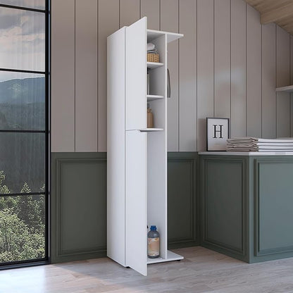 Tuhome Austin Storage Broom Closet with Magnetic-Closure Doors, Tall Multi-Purpose Utility Cabinet for Cleaning Supplies, Durable Engineered Wood Construction and Space-Saving Design