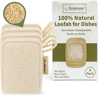 Natural Loofah Dish Sponges 4 Pack – 100% Plant-Based Luffa Scrubber for Dishes, Pots & Nonstick Pans – Compostable, Non-Scratch Kitchen Sponge for Sink, Tile & Everyday Cleaning (Travel)