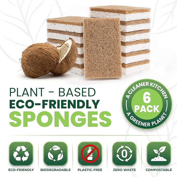 Metflavor 6 Pack Natural Kitchen Sponges, Biodegradable Non-Scratch Cellulose Sponge with Coconut Scrubber for Dishes, Compostable, Non Toxic Cleaning Sponges for Kitchen, Bathroom, Household