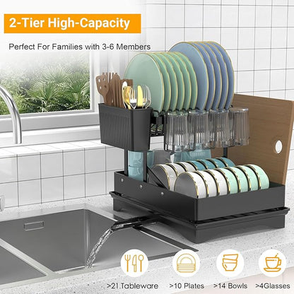 Expandable Dish Drying Rack, Rust-Proof Metal Dish Racks for Kitchen Counter with 360° Swivel Drain Spout, Space-Saving Dish Drainer with Utensil Holder for Small Apartment & Home Organization, Black