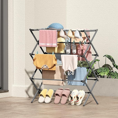 KINGBOARD Clothes Drying Rack, Collapsible Drying Rack Clothing with 11 Poles, 3-Tier Laundry Drying Rack, Small Clothes Drying Rack Foldable for Baby Clothes Sock Towel, 25lb Capacity, Grey