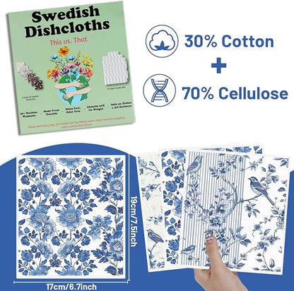 Blue Floral Swedish Dishcloths for Kitchen, 6 Pack Reusable Dish Paper Hand Towels Housewarming Gifts, Absorbent Dish Rags for Home Cooking Cleaning