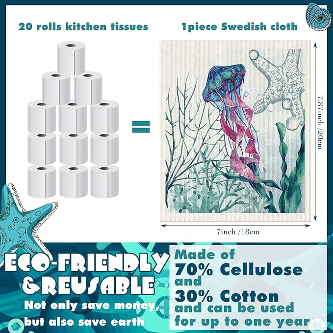 Cunhill 6 Pcs Swedish Kitchen Dish Cloths Kitchen Towels Reusable Sponge Cleaning Cloths Wipes Absorbent Dish Cloth Quick Drying Washable Decorative Tea Towels No Odor Bar Hand Towel (Ocean Animal)