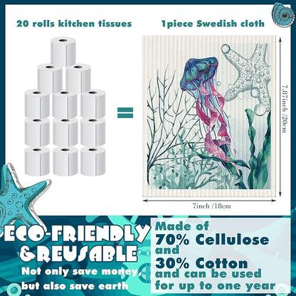 Cunhill 6 Pcs Swedish Kitchen Dish Cloths Kitchen Towels Reusable Sponge Cleaning Cloths Wipes Absorbent Dish Cloth Quick Drying Washable Decorative Tea Towels No Odor Bar Hand Towel (Ocean Animal)