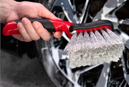 Mothers Car Wash Brush, Wheel and Fender Brush, Short Handle Tire Cleaner for Car Detailing, 10 Inch, Red/Black