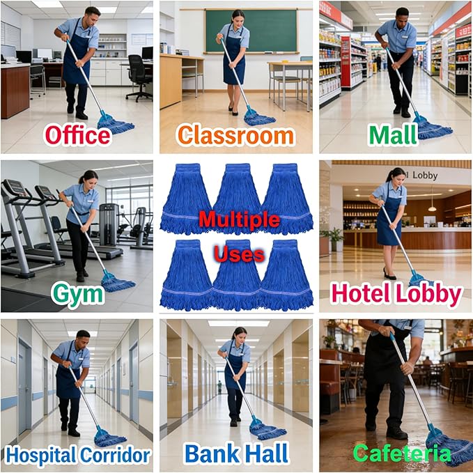 Commercial Mop Head Replacement 6 Pack, Heavy Duty Cotton Mop Heads, Super Absorbent & Washable Floor Cleaning Mop Refills for Cleaning Services, Offices & Home Use