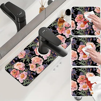 Sink Splash Guard Faucet Mat Peony and Iris Flowers Absorbent Fast Drying Mat Sink Gadgets Splash Guard Behind Faucet Drip Catcher for Kitchen Bathroom 15.5"X5.5"