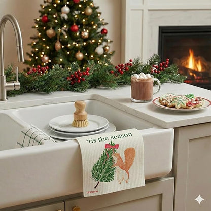 Christmas Holdiay Swedish Dishcloth, Reusable Paper Towel, Super Absorbent Cellulose Sponge, Washable Kitchen Cleaning Cloth ('Tis The Season - 1 Pack)