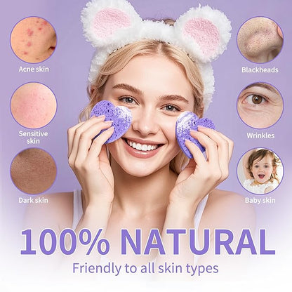 100-Count Compressed Facial Sponges, Heart Shape Face Sponge for Cleansing, Natural Cosmetic Spa Sponges for Facial Cleansing, Exfoliating Mask (Purple Heart Sponges)