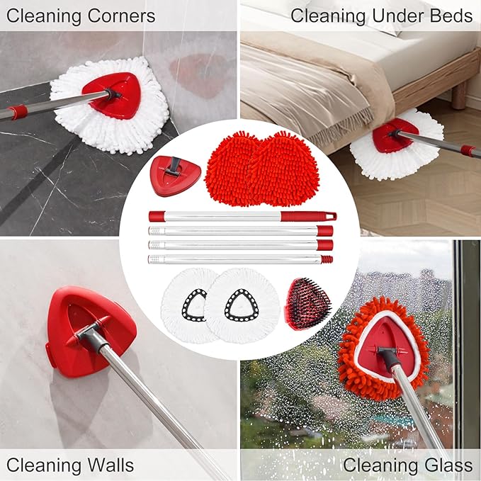 7 Packs Replacement Mop Heads& Handle Scrub Brush and Base Combo Set Compatible with O Cedar Spin Mops Refills，30-58" Mop Handle and Microfiber Head Refills for Cleaning