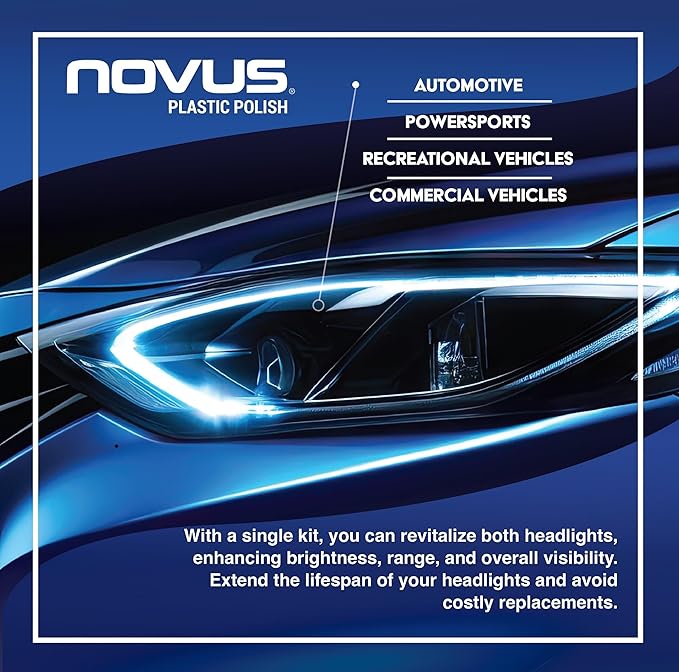 NOVUS Clear in Five Headlight Restoration Kit | 2 Ounce #1, 2, & 3 Bottles, Buffing Pad, Backing Pad Drill Attachment, 1,000 Grit Sanding Disk, 3 Polish Mates