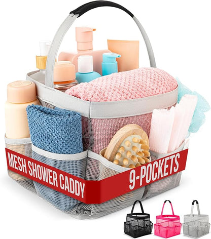 Masirs Mesh Shower Caddy – 9 Pocket Portable Shower Caddy Organizer for College Dorm, Travel, Gym, Bathroom – Quick Dry, Lightweight Tote Bag for Toiletries & Essentials, Gray