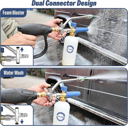 Foam Cannon Dual Connector for Pressure Washer, Double Tip Attachment for Soap Cannon, Pressure Washer Gun and 7 Power Washer Sprayer Nozzles Tips for Car Wash Kit