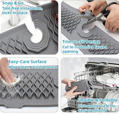 Silicone Faucet Handle Drip Catcher Beveled Drying Tray Mat Dish Soap Sponge Holder Accessories Gadgets for Kitchen Counter Bathroom Kitchen Sink Splash Guard (24")