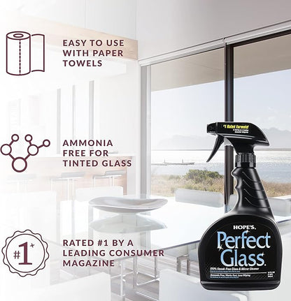 HOPE'S Perfect Glass Cleaner Spray, Streak-Free, Ammonia-Free Window, Mirror, Screen, Tinted Glass, and Shower Door Cleaner, Indoor and Outdoor Glass Surfaces, 32 Fl Oz, Pack of 12