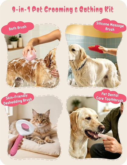 Pet Grooming Set, Dog Bathing Supplies, Bathing Glove, Towels, and Shampoo Brush, Finger-Sleeve Toothbrush for Dogs and Cats, Including a Comb Set, Suitable for Small Dogs and Cats 9-Piece (Pink)
