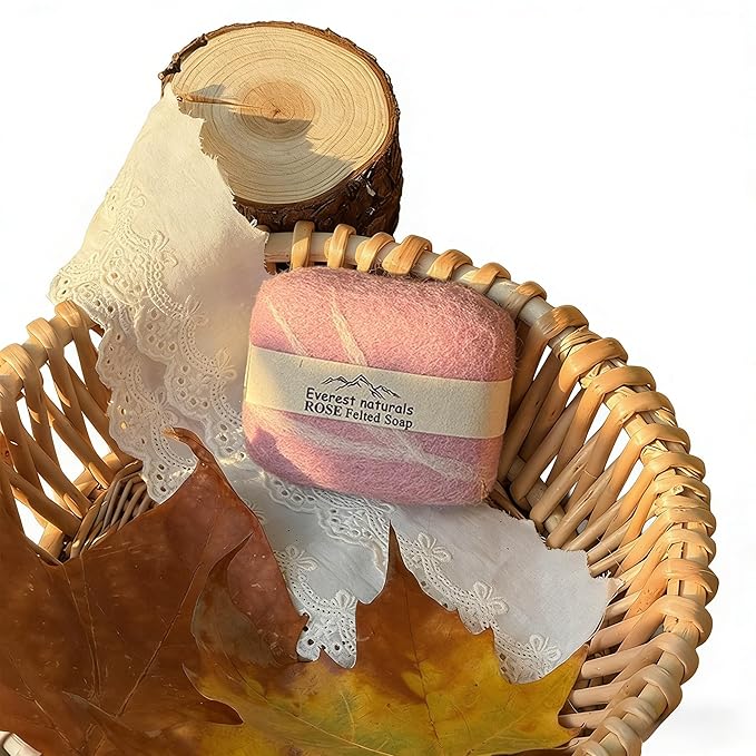 Handmade Felted Soap with Tibetan Yak Milk & Wool Natural Exfoliating Bar for Face & Body, 6 Scents, Includes Bamboo Dish & Travel Pouch (Rose)