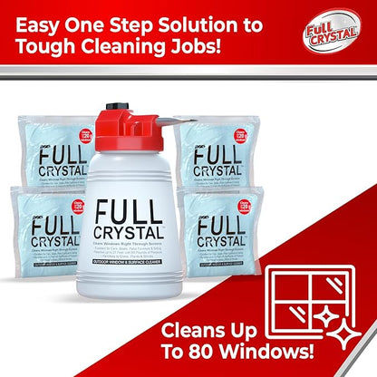 Full Crystal Window Cleaning Kit – 16 oz Glass Cleaner and Bottle with 27 ft Reach, Each 4 oz Bag Makes Up to 640 fl oz, Cleans Up to 80 Windows, Scrub-Free, Rinse-Free