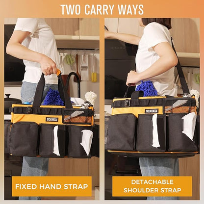 SCAVATA Wearable Cleaning Caddy Bag, Cleaning Caddy Supplies Organizer with Handle & Shoulder Straps for Housekeepers, Under Sink & Car Cleaning Tool Organizers with 4 Foldable Divider (Orange)