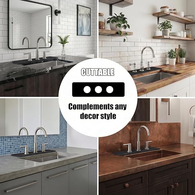 2PCS Faucet Mat for Bathroom Sink 3 Holes: 18’’Lx5.5’’W Splash Guard Fits 8 Inch Widespread Faucet for Vanity & Farmhouse Bridge Kitchen Faucet - Trimmable Drip Catcher for Irregular Sink, Black