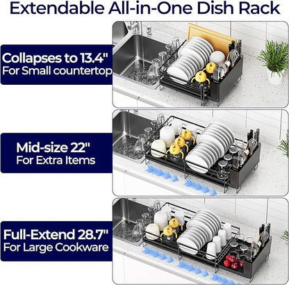 Large Dish Drying Rack, Expandable Dish Rack for Kitchen Counter, Dish Drainer with Drainboard Set, Multifunctional Dishrack with Utensil & Cup Holder, 13.4"-28.7" L x 11.8" W x 7.8" H, Black