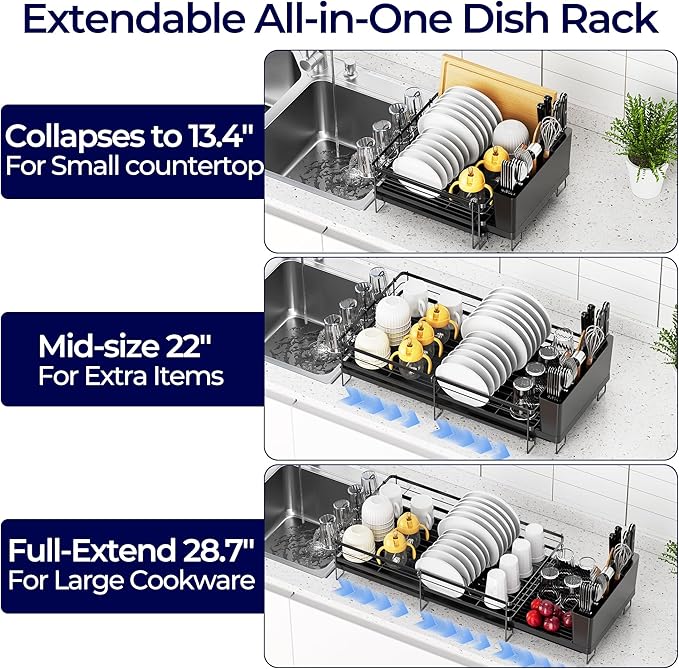 Large Dish Drying Rack, Expandable Dish Rack for Kitchen Counter, Dishrack with Drainboard Set, Multifunctional Dish Drainer with Utensil Holder & Cup Holder, Black