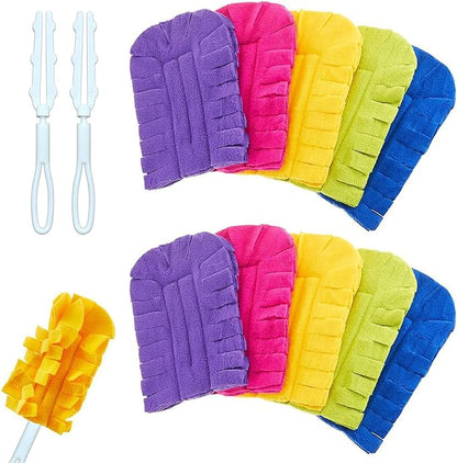 10 Pack Duster Refills Reusable Fleece Cleaning Pads with 2 Dusting Wand, Washable Multi Surface Refill Tools for Home, Blinds, Car, Pet, Furniture, Fans
