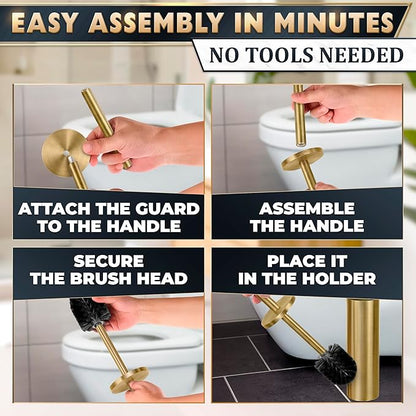 Gold Toilet Brush and Holder Set - Brushed Stainless Steel Gold Toilet Bowl Brush and Holder with Replaceable Head, Removable Inner Bowl, and Splash Protection - Dense Bristles for Thorough Cleaning