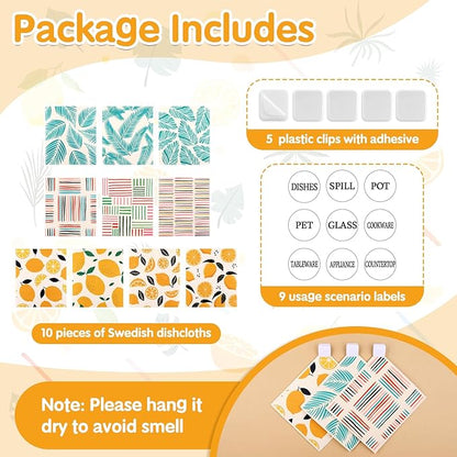 Lucomb 10 Pack Swedish Dishcloths Washable, Reusable Swedish Cloths Biodegradable Kitchen Towels with Hanging Clips, Cellulose Cotton Blend, Lemon Prints