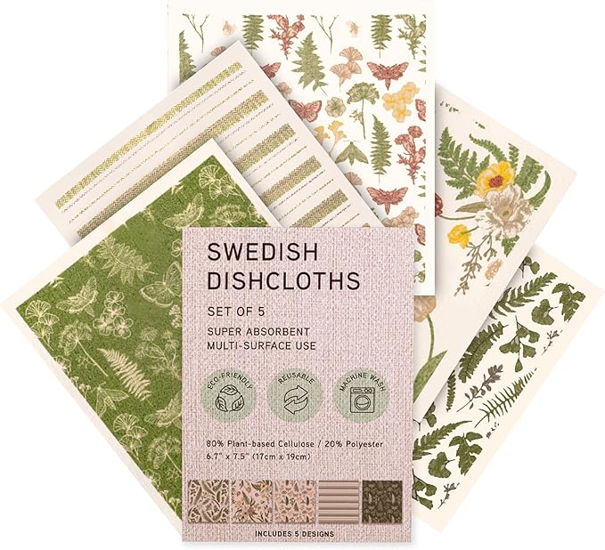 Swedish Dishcloths, Vintage Plant-Based Cellulose, 6.7x7.5 Inch, Super Absorbent, Multi-Surface, Machine Washable, Reusable, 5 Pack (Green)