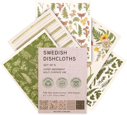 Swedish Dishcloths, Vintage Plant-Based Cellulose, 6.7x7.5 Inch, Super Absorbent, Multi-Surface, Machine Washable, Reusable, 5 Pack (Green)