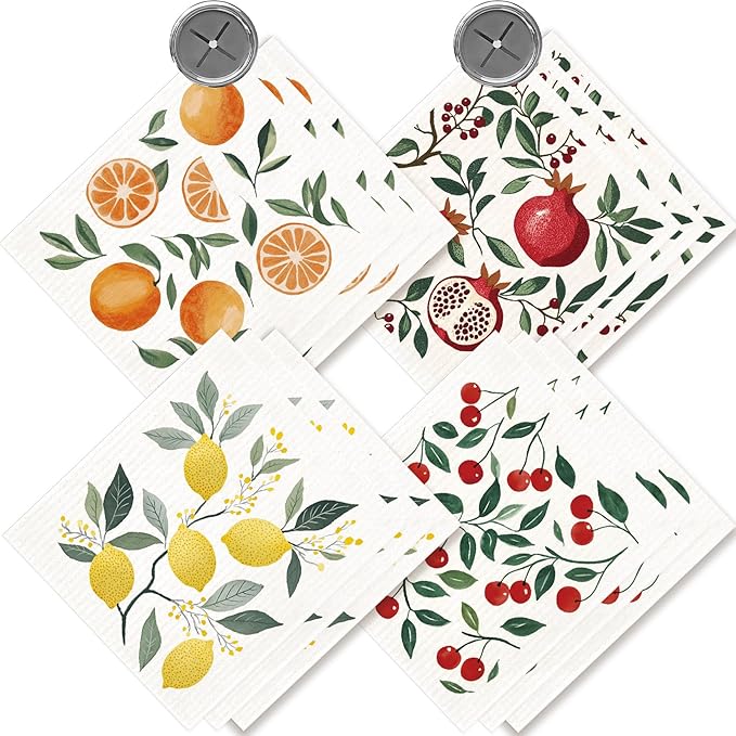 12 Pack Swedish Dishcloths with 2 Push Towel Hooks - Highly Absorbent Dish Towels for Kitchen, Fast Drying Dish Cloths for Washing Dishes - Fruit Set