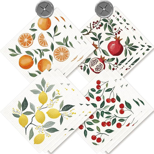 12 Pack Swedish Dishcloths with 2 Push Towel Hooks - Highly Absorbent Dish Towels for Kitchen, Fast Drying Dish Cloths for Washing Dishes - Fruit Set