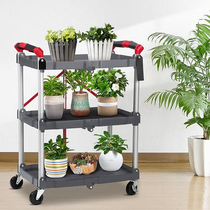 Towallmark Portable Folding Service Cart, 3 Tier Folding Utility Cart, Collapsible Utility Carts for Office, Warehouse, and Home, 56 Lbs Load Capacity per Shelf (Grey & Red)