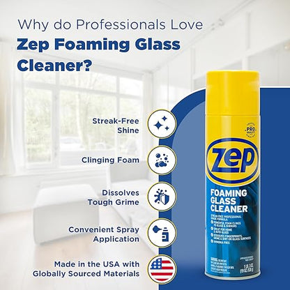 Zep Foaming Glass and Plexiglass Cleaner - 19 oz (Case of 4) ZUFGC19 – Foaming Formula that clings to Vertical Surfaces for Streak-Free Glass Cleaning