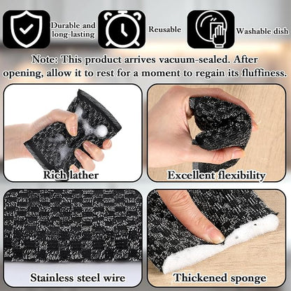 6 Pack Steel Wool Scrubber Sponges, Heavy Duty Stainless Steel Scouring Pads Reusable Non Scratch Kitchen Metal Sponges Cleaning Tool for Pots and Pans Tough Grease & Grime (Black, Diamond Pattern)