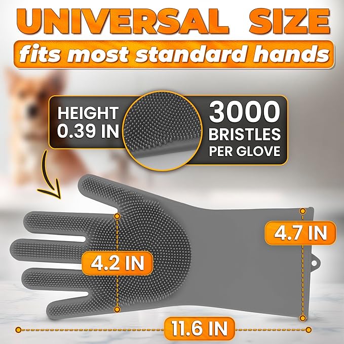 Cat and Dog Shampoo Gloves with 3000 Soft Bristles – 2-in-1 Dog Bath Gloves 11.6", Durable Silicone, Saves Shampoo | Massage, Grooming & Clean Wet or Dry – Made for Every Breed and Coat Style (Grey)