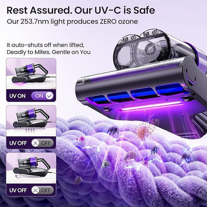 Maircle Mattress Vacuum Cleaner with UV Light, Bed Vacuum with Dust Detection, 16KPa Handheld Vacuum with LED Display, 40,000 Beats/Min Tapping, 150°F Heat, HEPA Filter for Bed, Couch