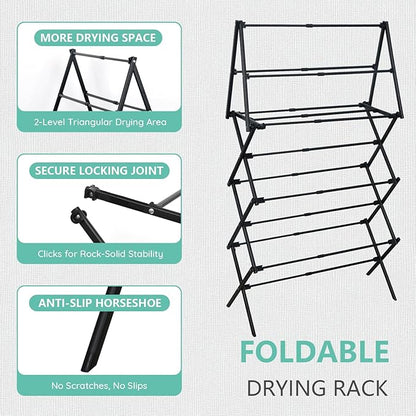ZOES HOMEWARE 4 Tier Clothes Drying Rack Foldable | Foldable Clothing Drying Rack | Laundry Drying Rack Collapsible for Laundry Room, Dorm, Expandable Sturdy Metal Design | Black 29"L x 11.5"W x 53"H