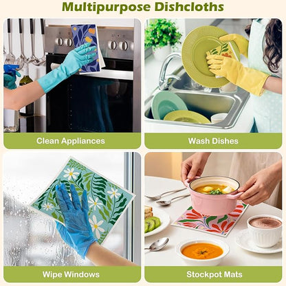 6 Packs Swedish Paper Cloths for Kitchen, Reusable Paper Towels Washable Dish Rags, Highly Absorbent Kitchen Towels Quick Drying Swedish Sponge Cleaning Dish Cloths(Bright Abstract Floral)