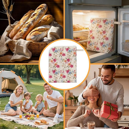 New L-shaped Zipper Beeswax Bread Bags 2 Pack, Floral Bread Bags for Homemade Bread, Natural Beeswax Lining Reusable Bread Bag for Bread Freshness Extends Shelf Life