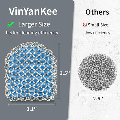 Cast Iron Scrubber with Pan Scraper, 316 Chainmail Scrubber, Upgraded Chain Mail Scrubber Sponge, Cast Iron Cleaner for Grill Pan Skillet Wok Carbon Steel, Dutch Oven Metal Brush Cleaning Kit, Blue