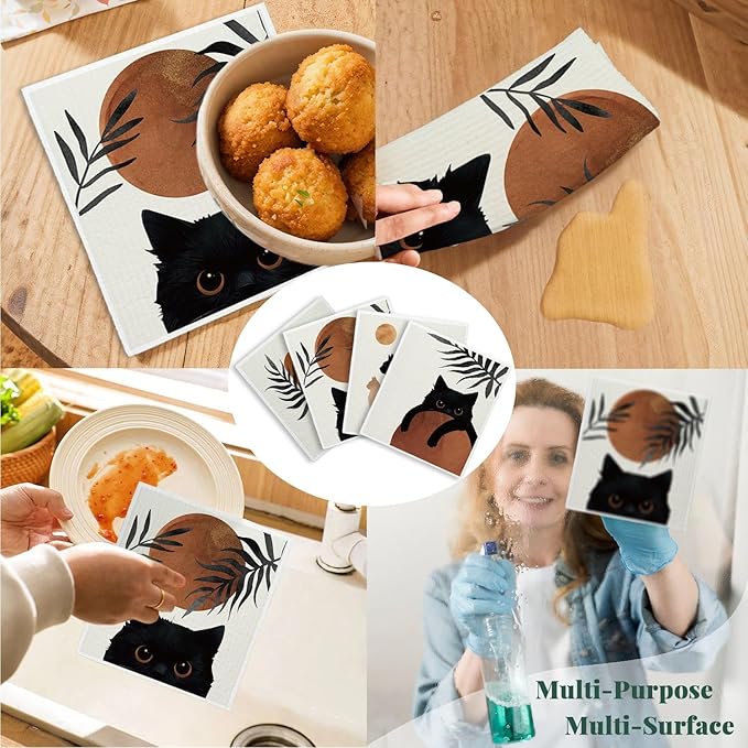 Boho Cat Swedish Dishcloths for Kitchen, Papaya Reusable Paper Towels, 4 Pack Watercolor Dish Towels for Kitchen, Swedish Dish Cloths, Reusable Paper Towels Washable